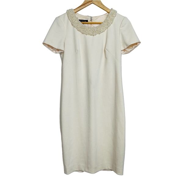 Jones New York Vintage Y2K Pearl Trim Ponte Off White Dress Size 4 - Picture 2 of 5
